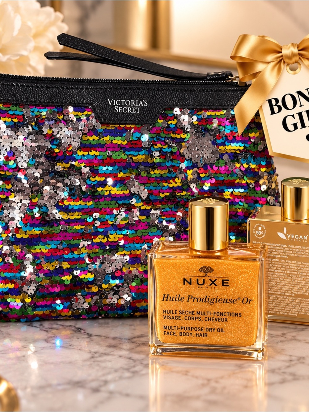 Victoria's Secret Multicolor Sequin Cosmetic Pouch & Nuxe Prodigieuse 1.6 ml set
